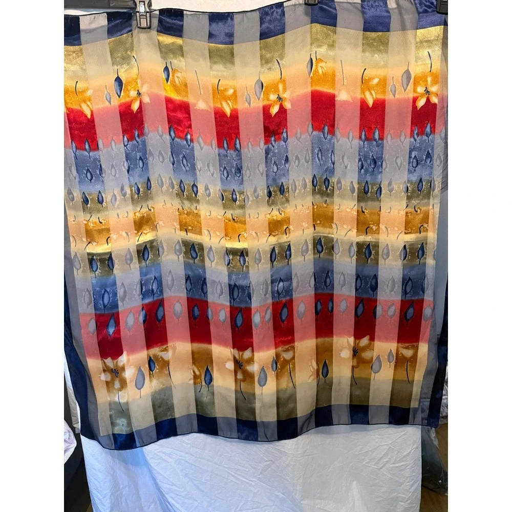 Floral Geometric Sheer Scarf Blue Red Gold Striped Lightweight Wrap Accessory